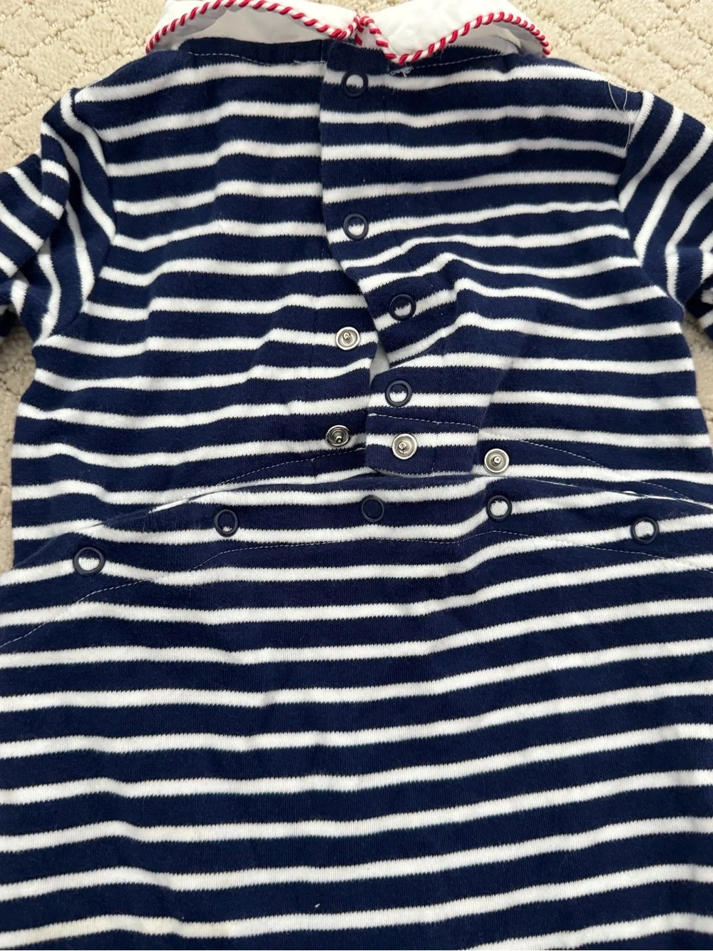 JoJo Maman Bebe Navy and White Striped Footie with British Toy Soldier Smocking